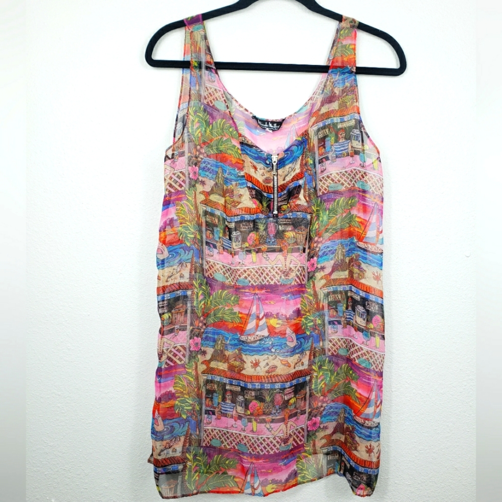 Nicole Miller Chiffon Tank Top Beach Scene with Shark, Mermaid, Palm Trees & Bar